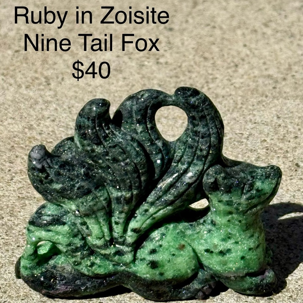 Carved Ruby in Zoisite Nine-Tail Fox Figurine